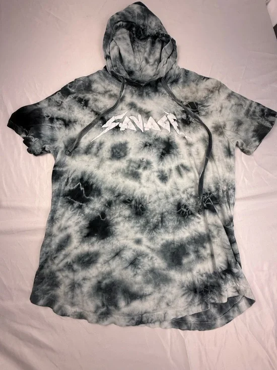 DIKOTOMY Savage Graphic Tie Dye Hoodie T-Shirt Short Sleeve Gray Black M - Picture 3 of 8